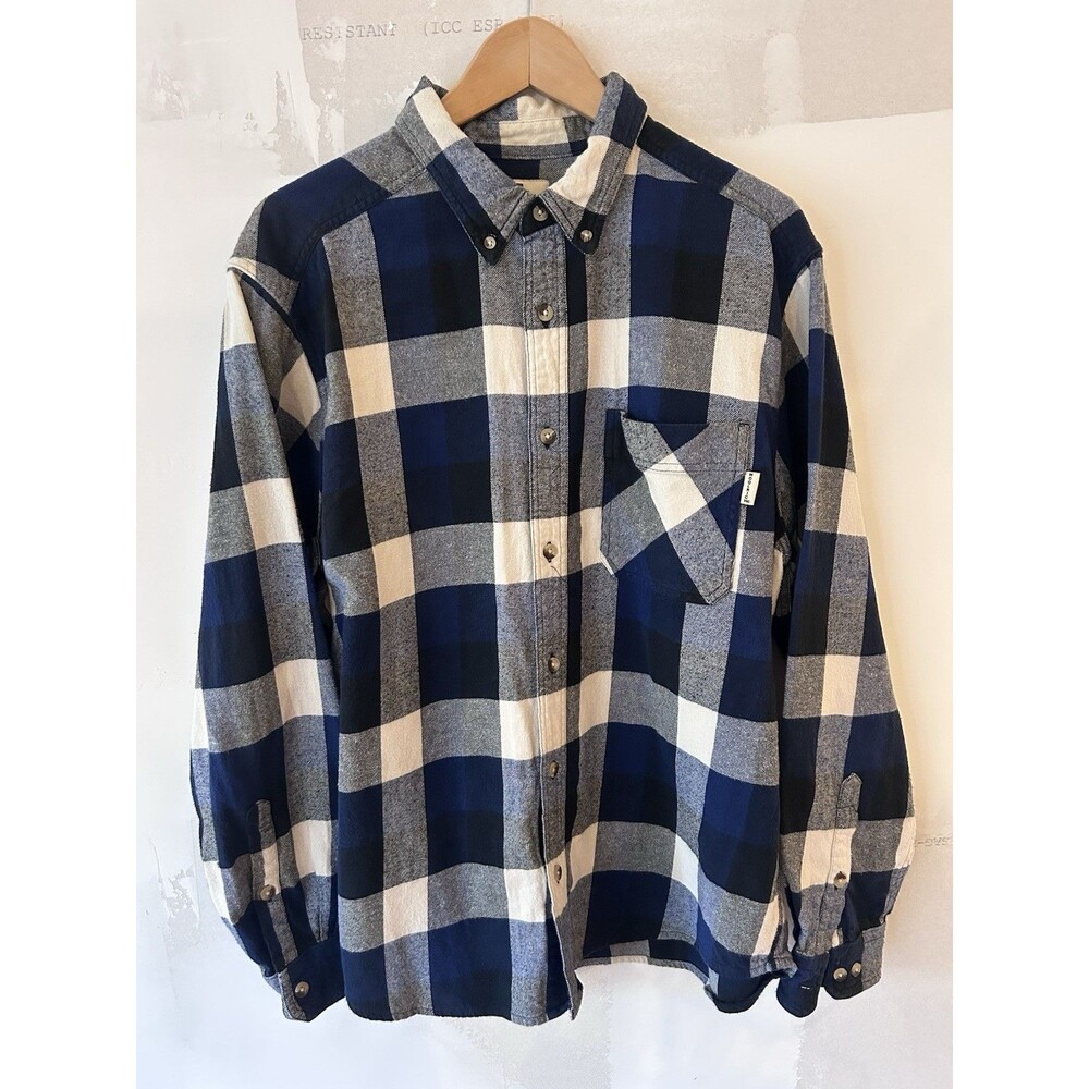 Woolrich Mens L Flannel Shirt Blue Buffalo Plaid 100% Cotton Long Sleeve